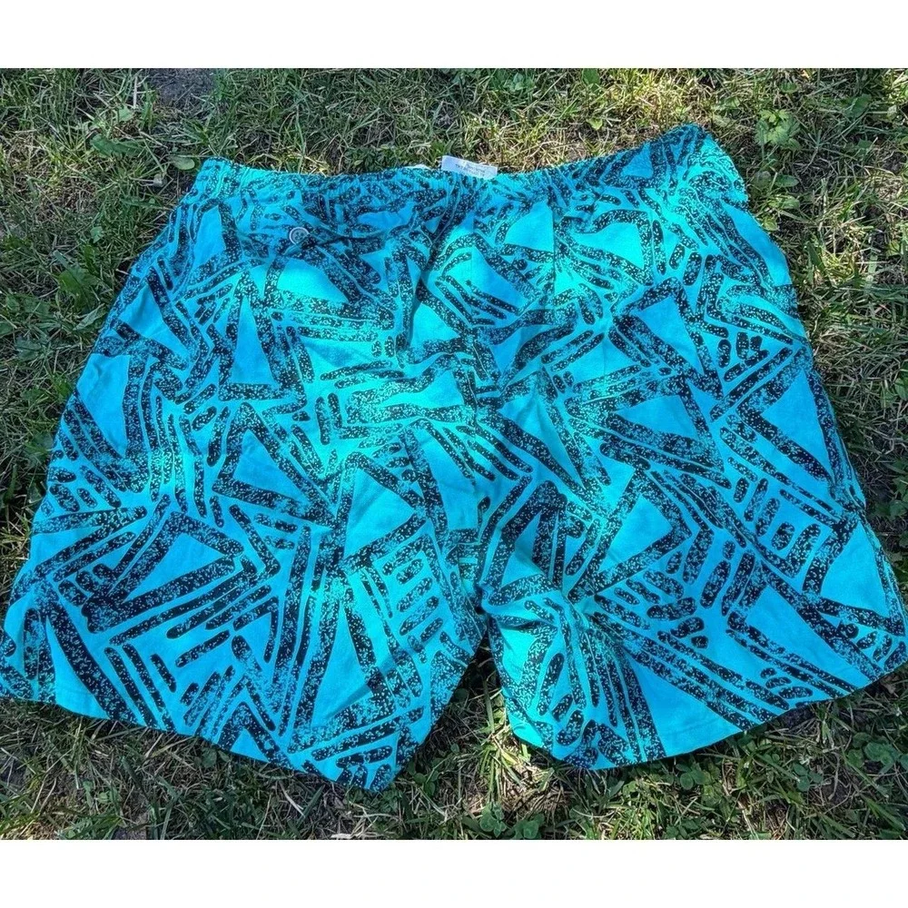 Vintage Hampton Bay Geometric Swim Trunks Shorts Teal Black XL Lined 90s